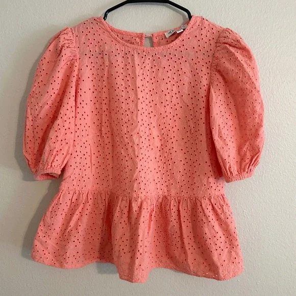 Nanette Lepore Eyelet Blouse Womens S Coral Pink Puff Sleeve Peplum Top - Picture 1 of 6